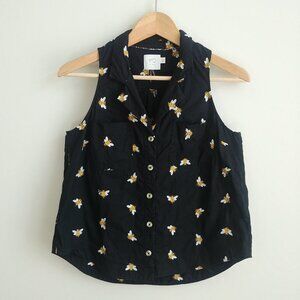 HD in Paris black embroidered bee cotton sleeveless button up blouse top size 2